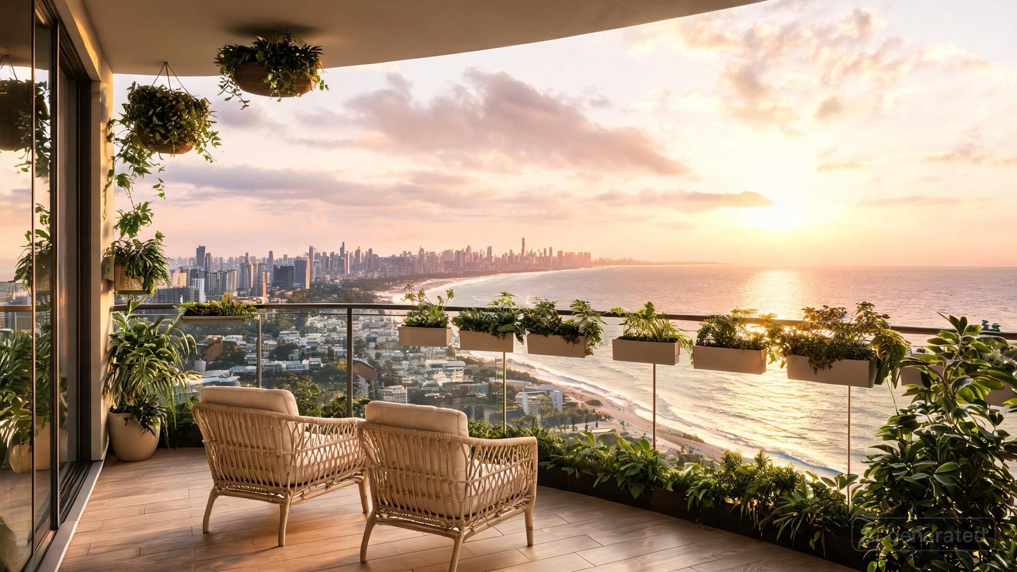 Balcón con vista a la ciudad al atardecer